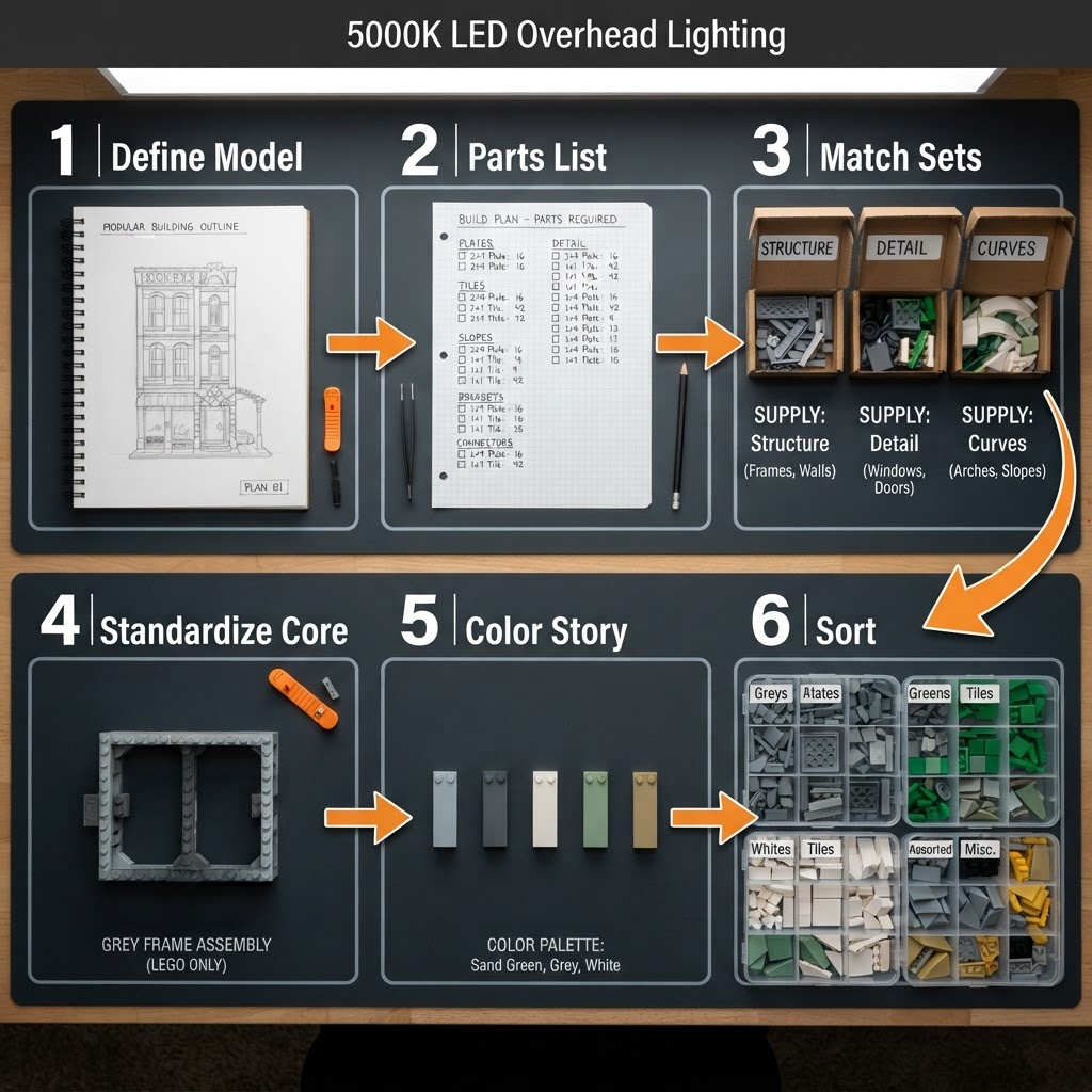 Six-step custom build planning workspace showing model sketch, parts list, set matching, structural core, color story, and sorted trays arranged on a dark build mat