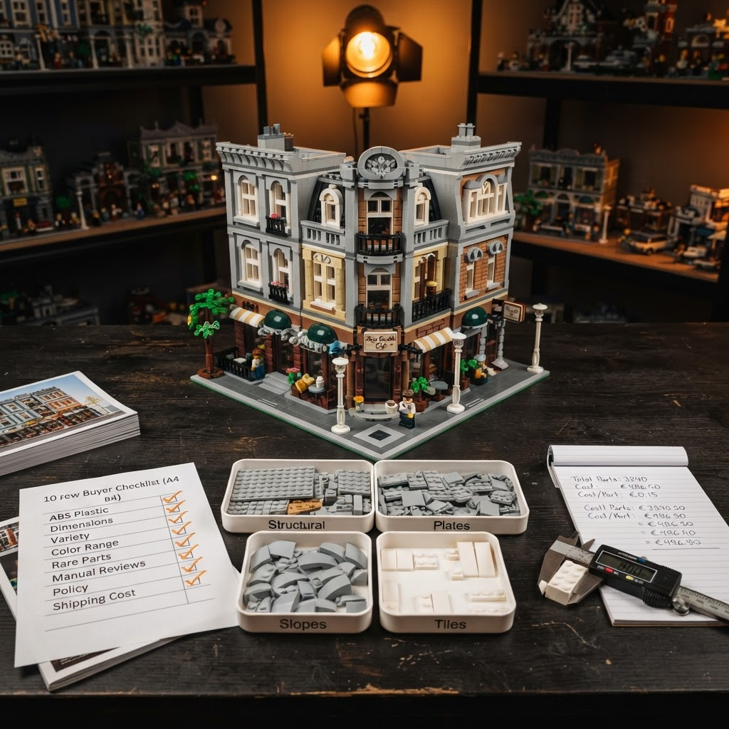 Custom brick build planning display showing a mixed-brand modular street corner, a 10-item buyer checklist, sorted parts trays, and a cost-per-part calculation