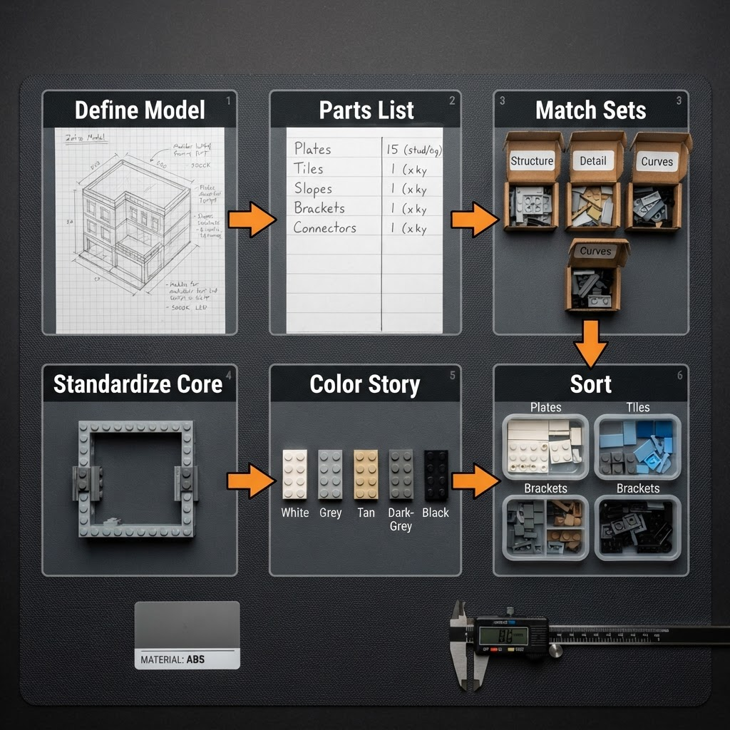 Six-step custom build planning workflow showing Define Model, Parts List, Match Sets, Standardize Core, Color Story, and Sort zones on a dark build mat