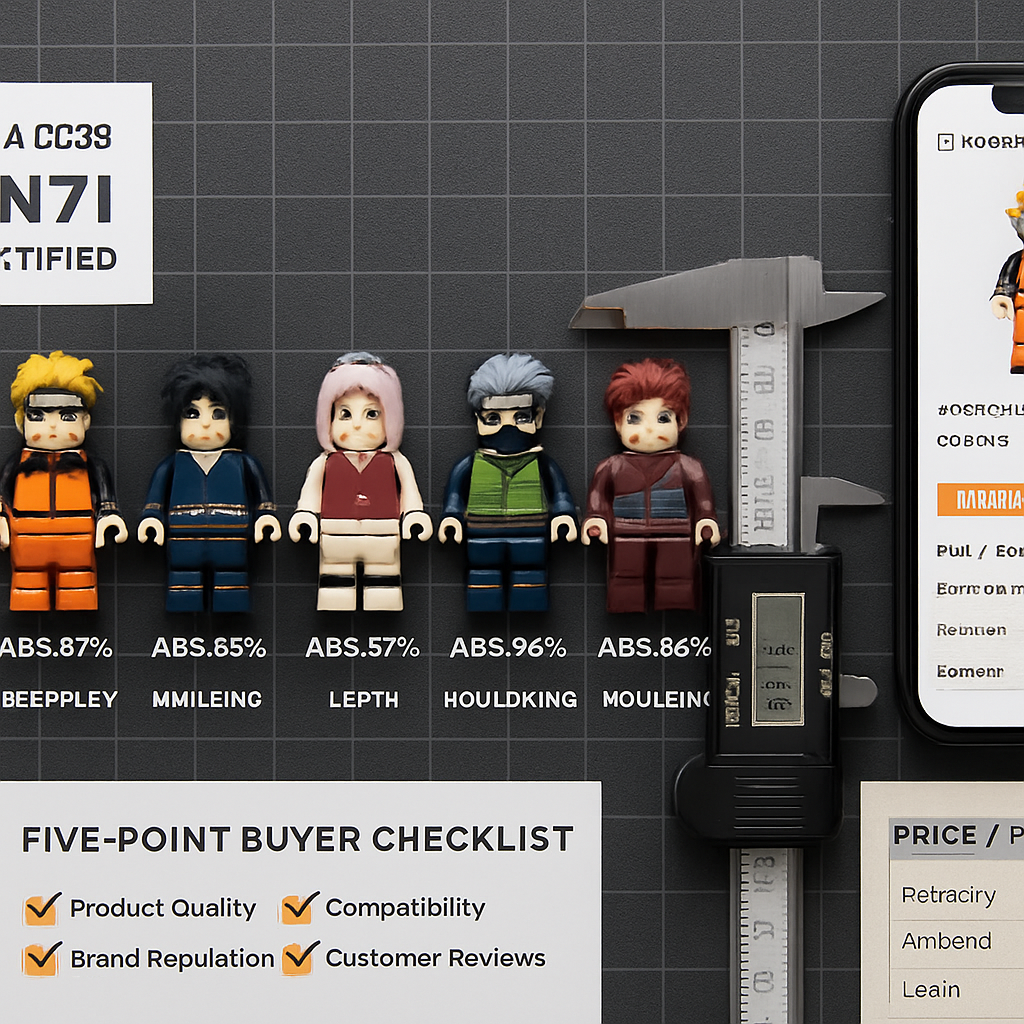Five Naruto minifigures — Naruto, Sasuke, Sakura, Kakashi, Gaara — lined up on a dark build mat with a digital caliper measuring 8mm stud spacing, ASTM F963 and EN71 certification cards, and a buyer checklist