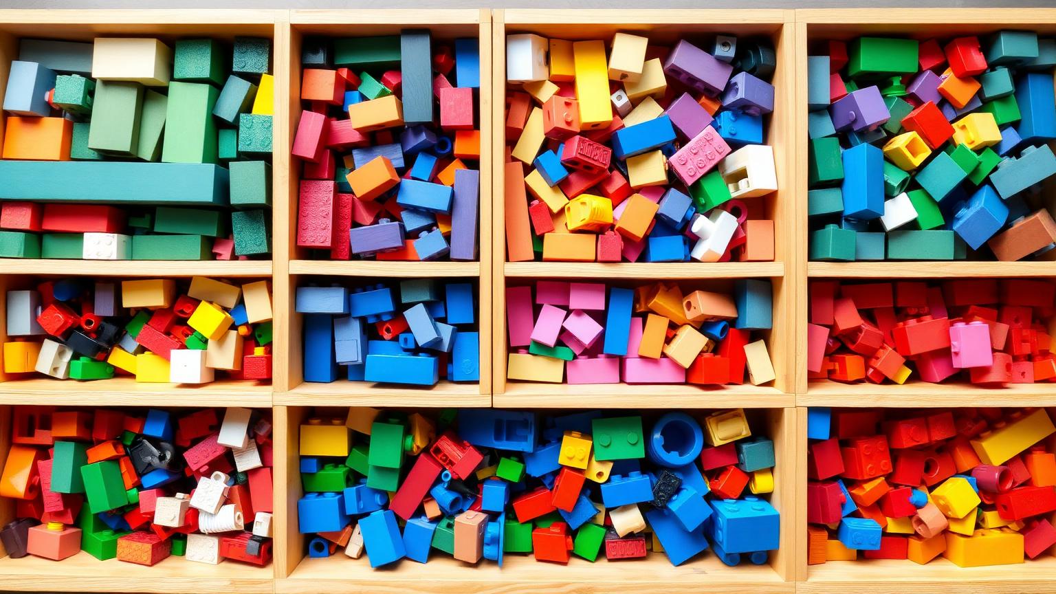 Assorted third-party LEGO DUPLO compatible bricks sorted by color in wooden compartment trays