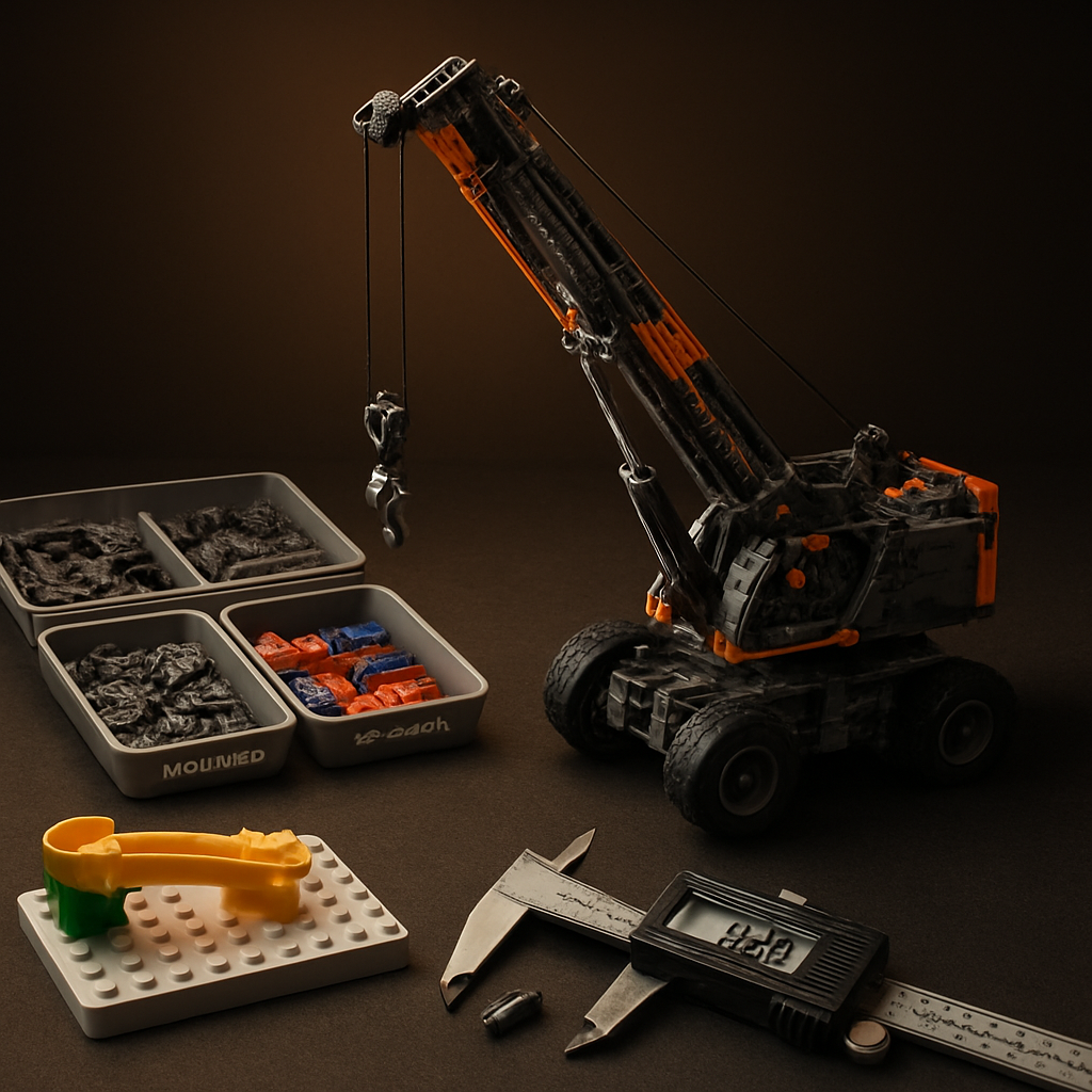 Completed working Technic crane built from compatible lego technic parts alongside a Hubelino and Duplo dual-scale compatibility display and sorted Technic parts trays