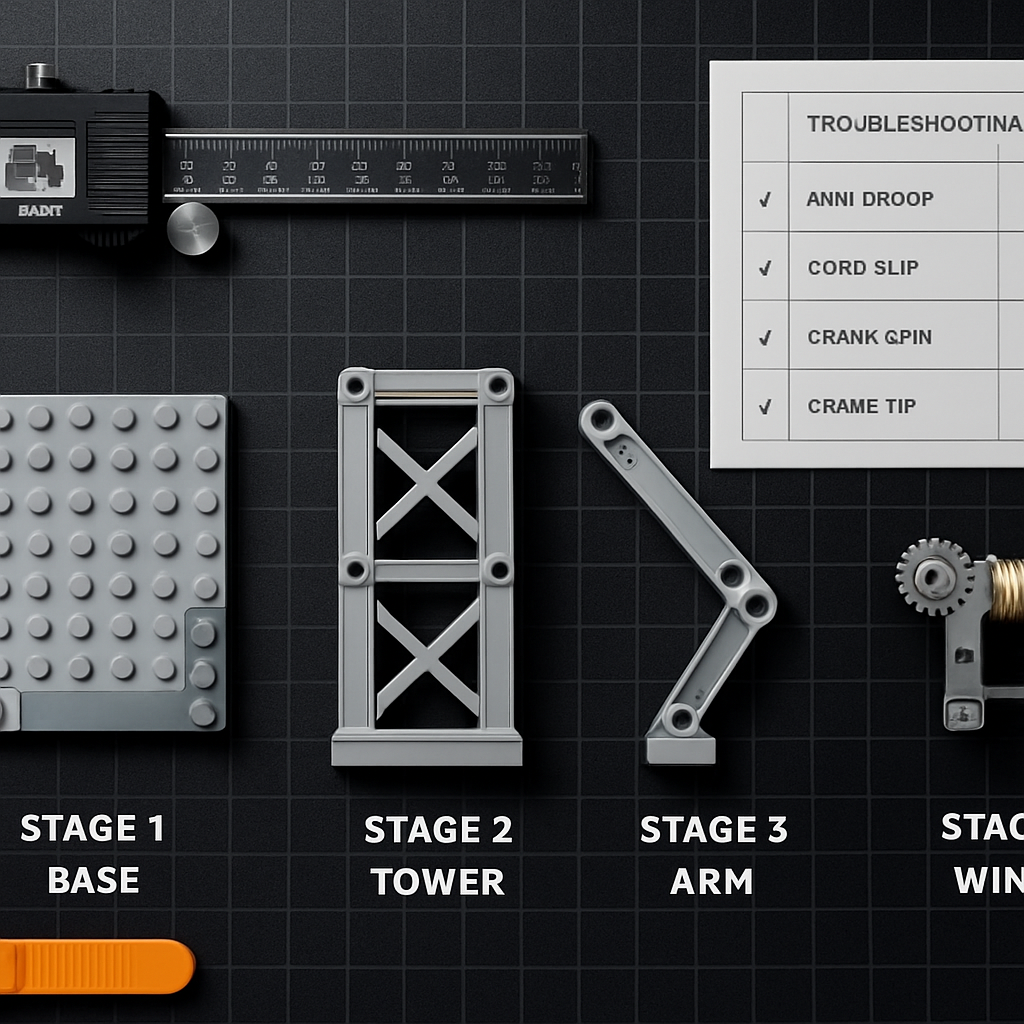 Four-stage Technic crane build workspace showing base tower arm and worm-gear winch assembly with troubleshooting checklist