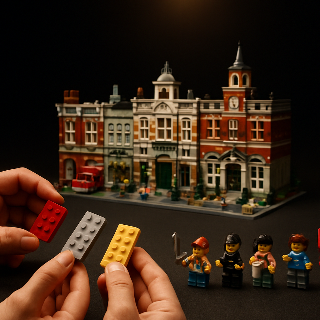 Mixed-brand brick diorama with snap test demonstration and minifigures holding LEGO-compatible accessories