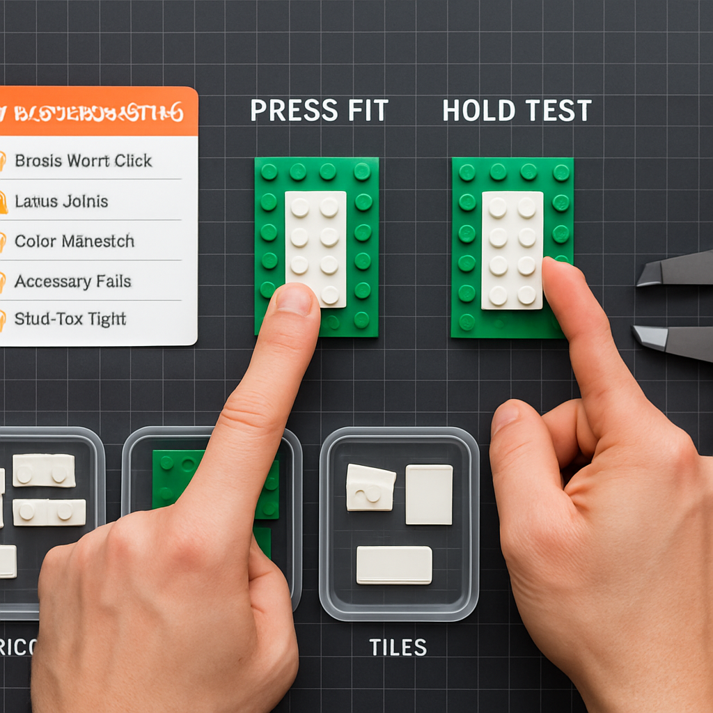Three-stage brick compatibility snap test: press fit, hold test, and pull test on mixed-brand ABS bricks over a printed troubleshooting checklist