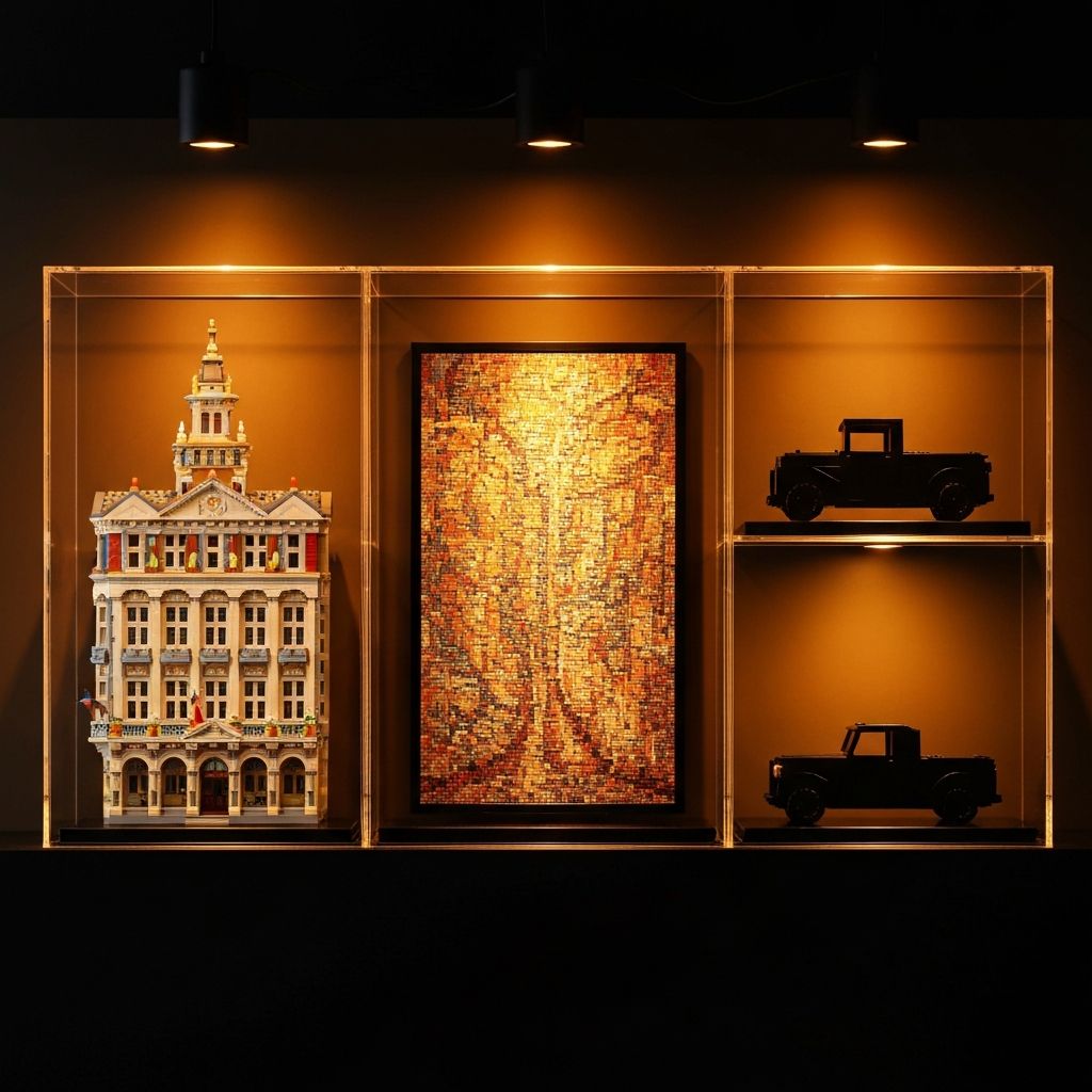 Three display-worthy adult building block collector models — an architectural landmark, an art-format mosaic panel, and a classic vehicle silhouette — inside UV-filtering acrylic cases on a dark display shelf