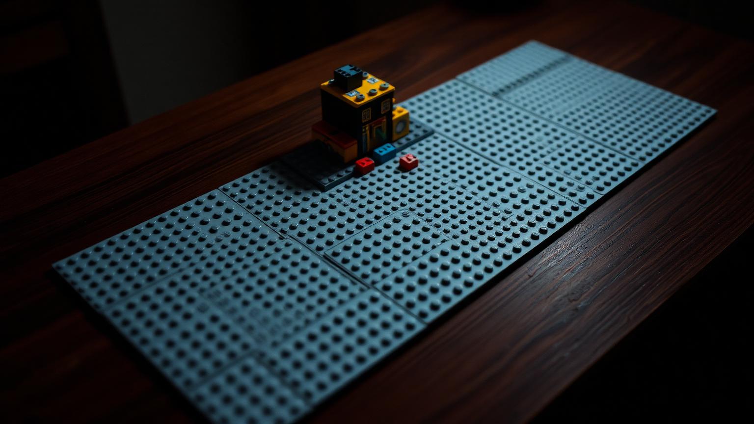 Several grey building base plates laid edge to edge on a dark table and joined underneath with bricks to form one large brick scene