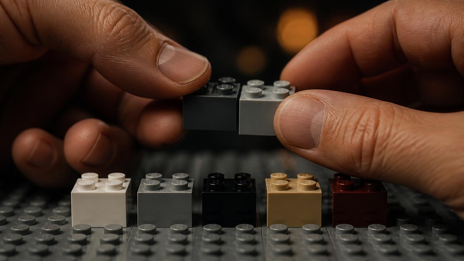 Hands pressing two unbranded grey bricks together to test clutch power above a baseplate lined with white, grey, black, tan and dark red reference bricks