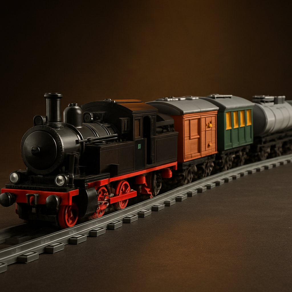 Five-car custom brick train consist on grey track — locomotive, passenger coach, boxcar, tanker, and flatcar — built from MOC building blocks