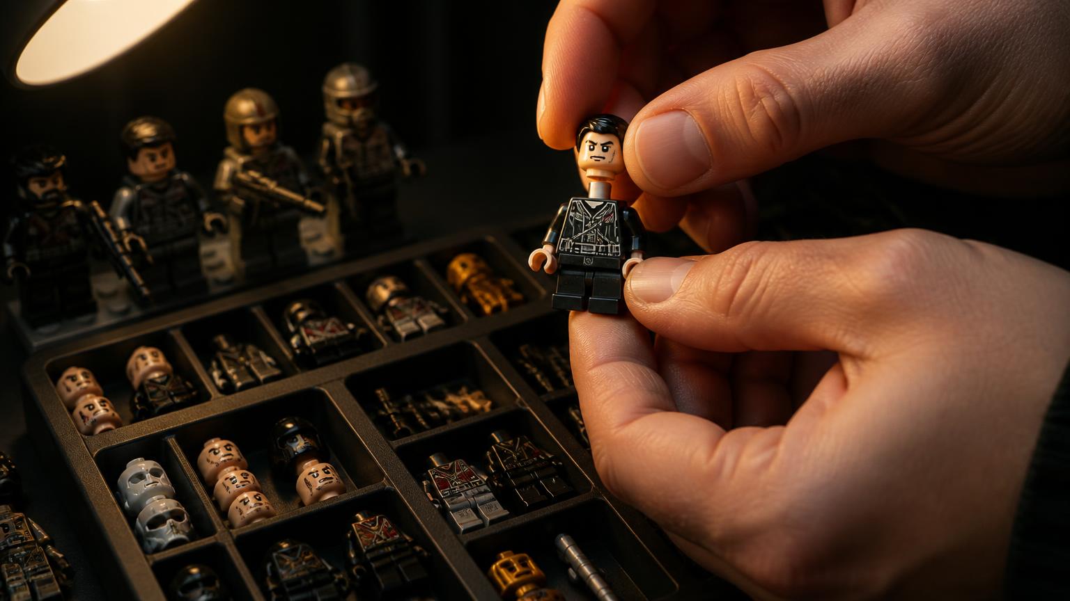 Hands assembling a custom LEGO compatible minifigure from separate heads, torsos and weapon accessories stored in a compartment tray