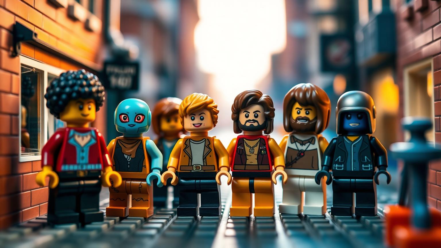 Row of custom mixed toy minifigures with different heads, torsos and accessories posed in a detailed brick street diorama