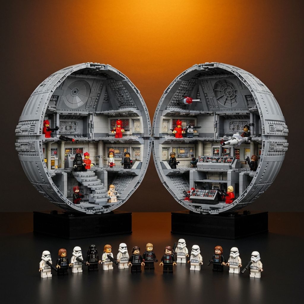 Death Star 75159 Star Wars completed display model in open-sphere position showing full cross-section interior with Emperor's throne room, trash compactor, hangar bay, and 24 minifigures including Darth Vader and Luke Skywalker