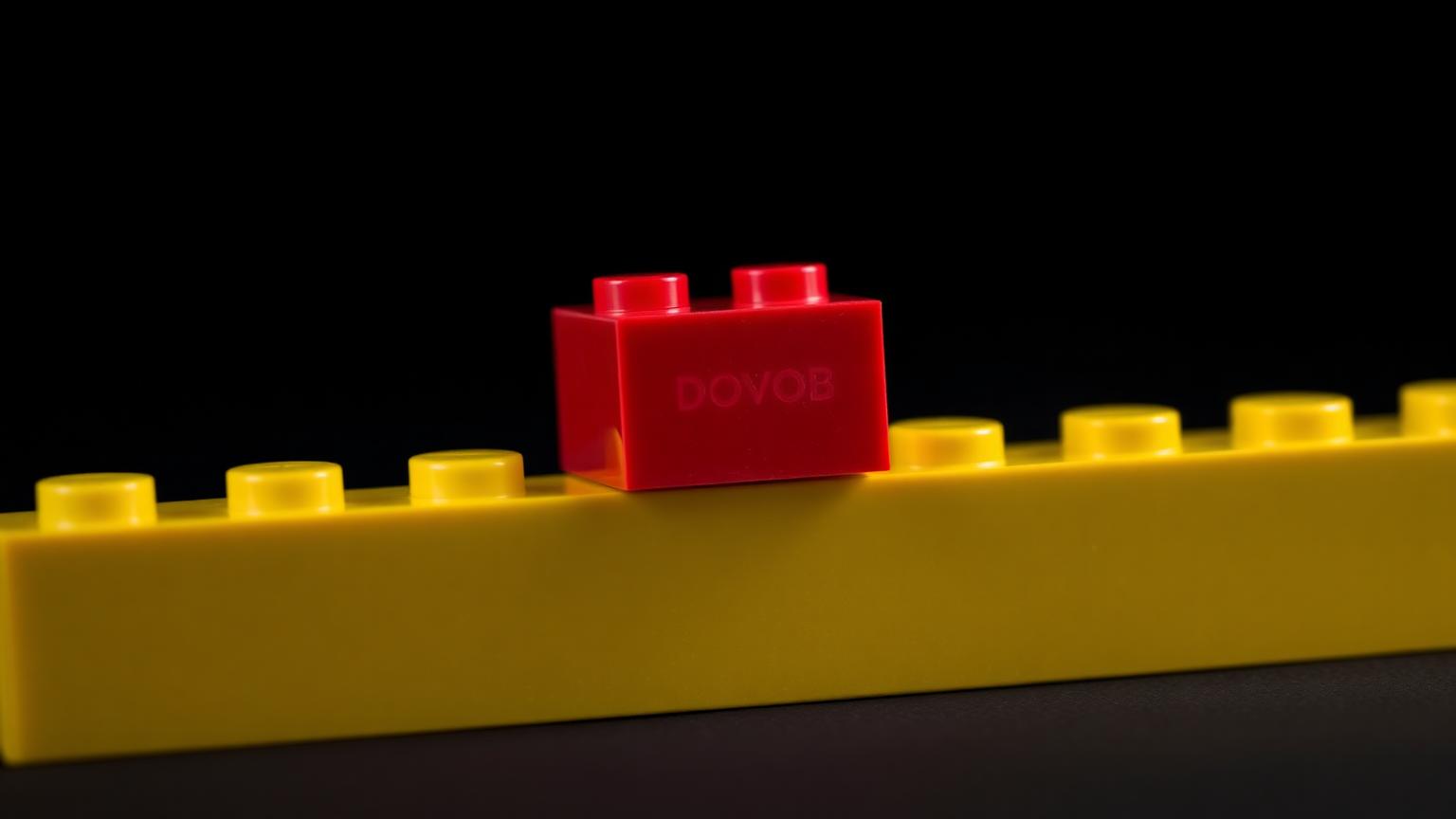 Macro close-up of a red Dovob 2x2 brick stacked on a yellow LEGO 1x8 brick showing stud-and-tube connection