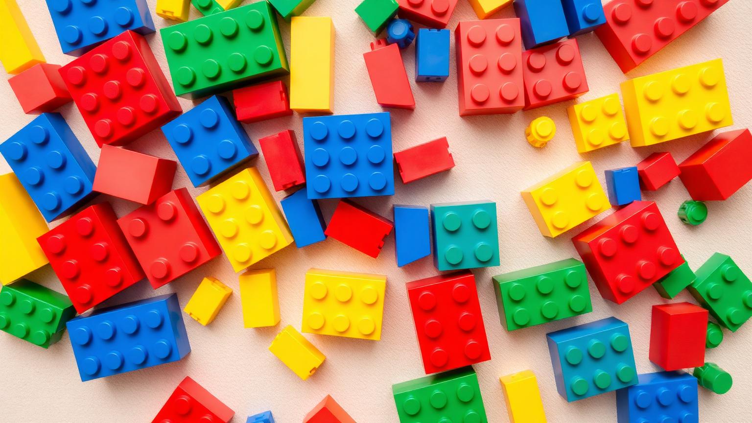 Overhead view of large DUPLO-compatible bricks in red, yellow, blue and green arranged on a light neutral surface