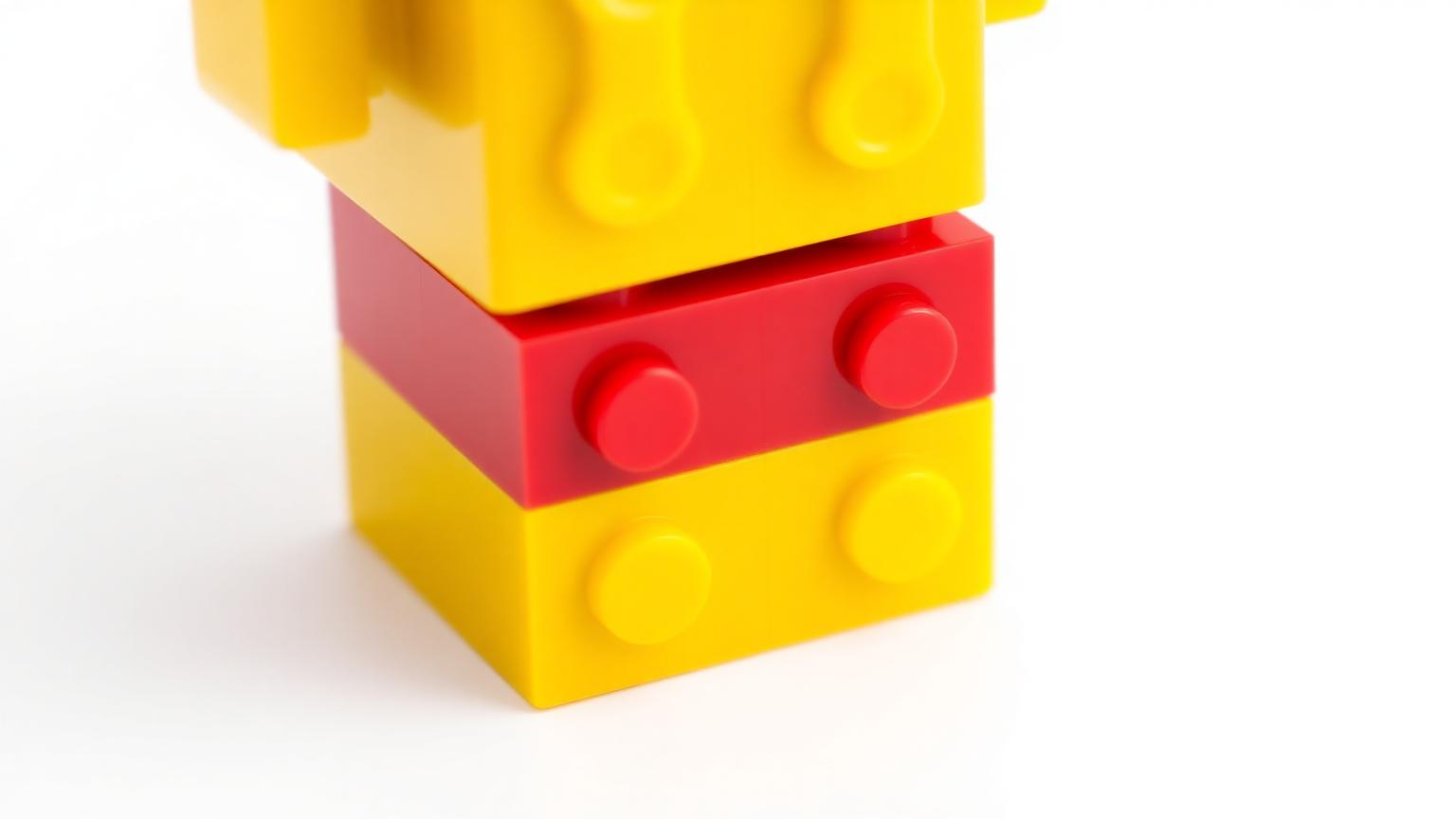Scale comparison of a large yellow DUPLO-scale brick stacked with a smaller red standard LEGO-compatible System brick