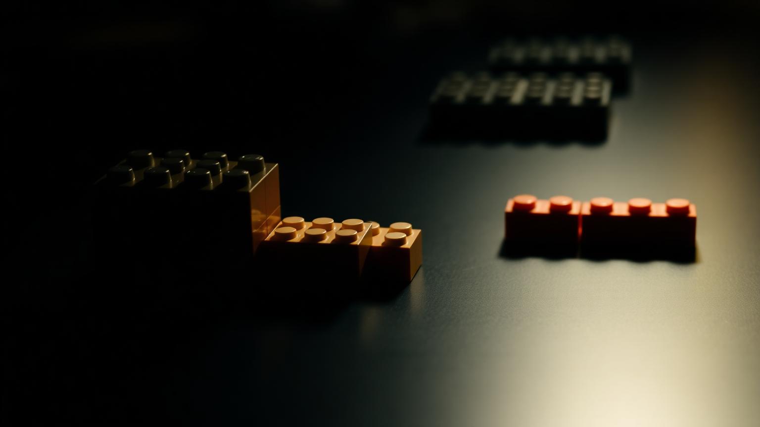 Chunky toddler-size Duplo-scale building bricks placed next to smaller standard bricks on a dark table