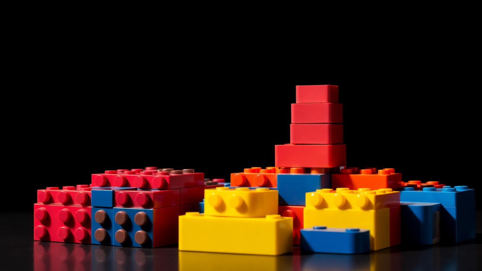 Large toddler-scale building bricks forming a base with smaller standard bricks stacked on top, showing the one-way connection between Duplo-style and standard bricks