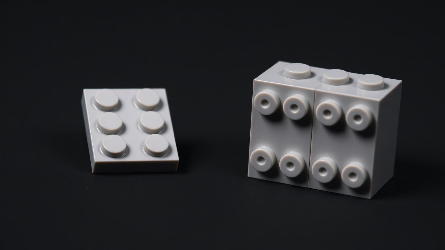Macro comparison of a small standard stud plate next to a chunky DUPLO-style brick showing doubled stud size and spacing