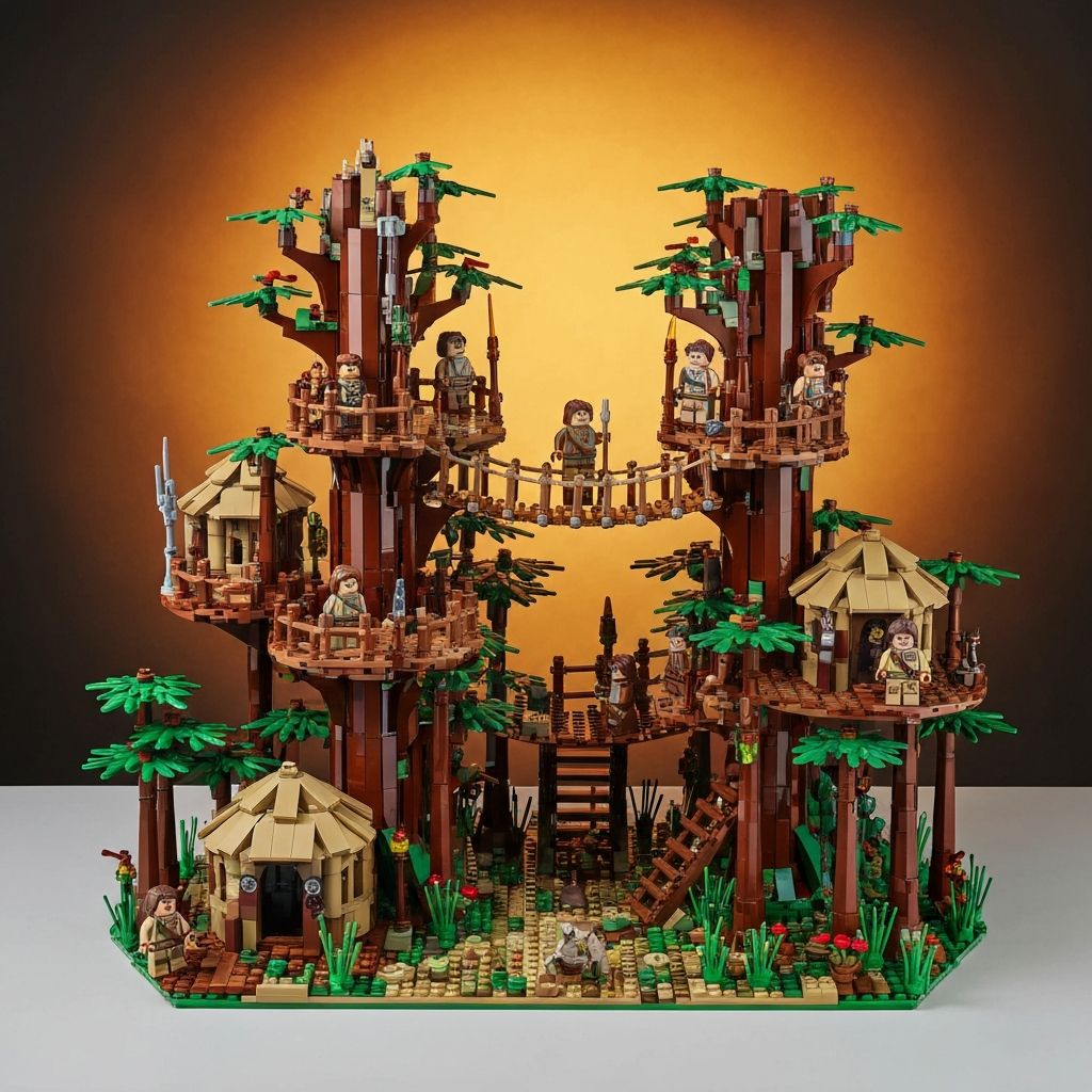 Ewok Village Star Wars Ultimate Collector multi-level forest diorama with platforms bridges and minifigures