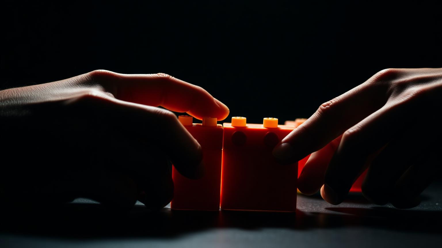 Close-up of hands pressing one plastic building brick onto another to test click strength and grip