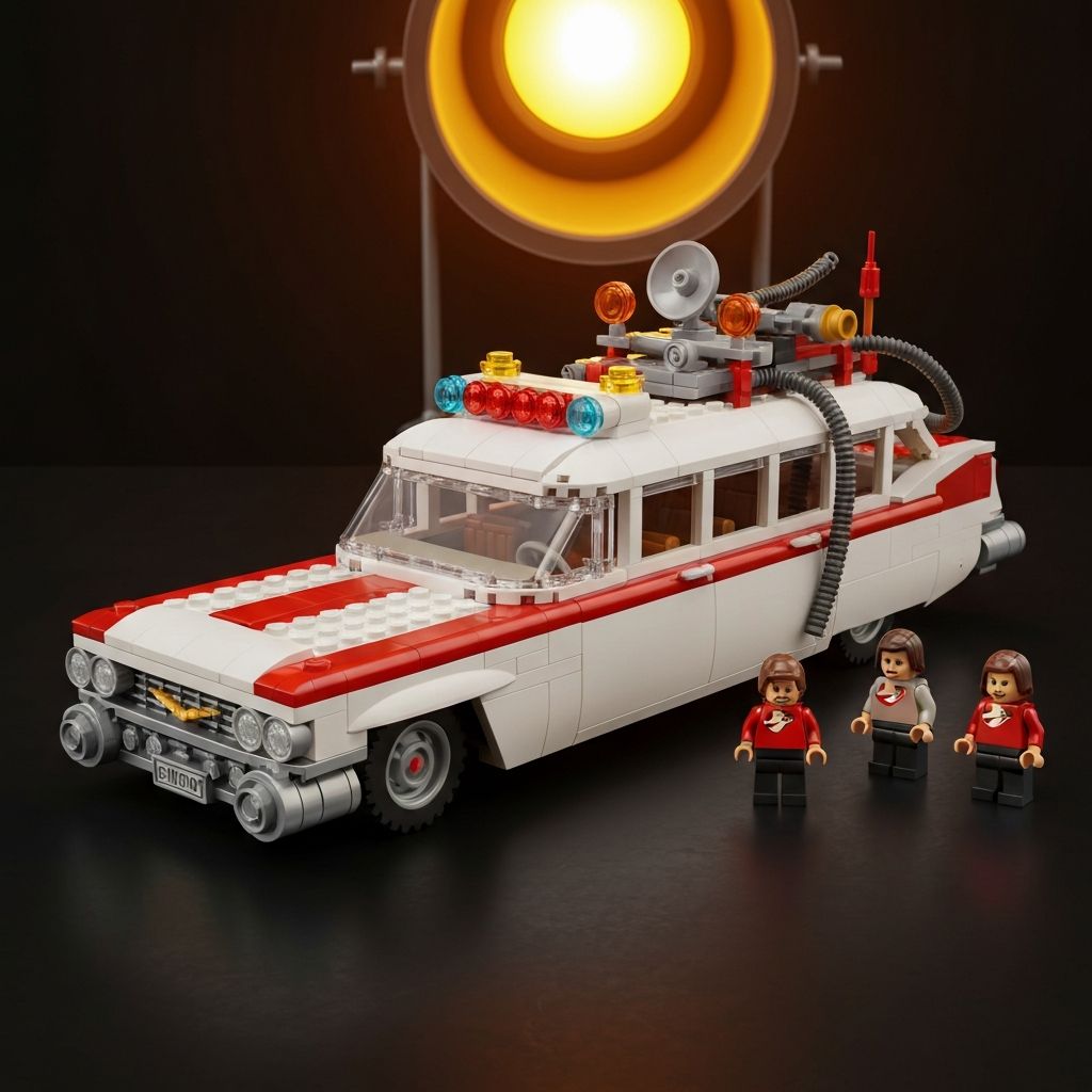 Ghostbusters Ecto-1 10274 Creator Expert building block model with white and red body, dense roof equipment, and four Ghostbusters minifigures on a dark display surface