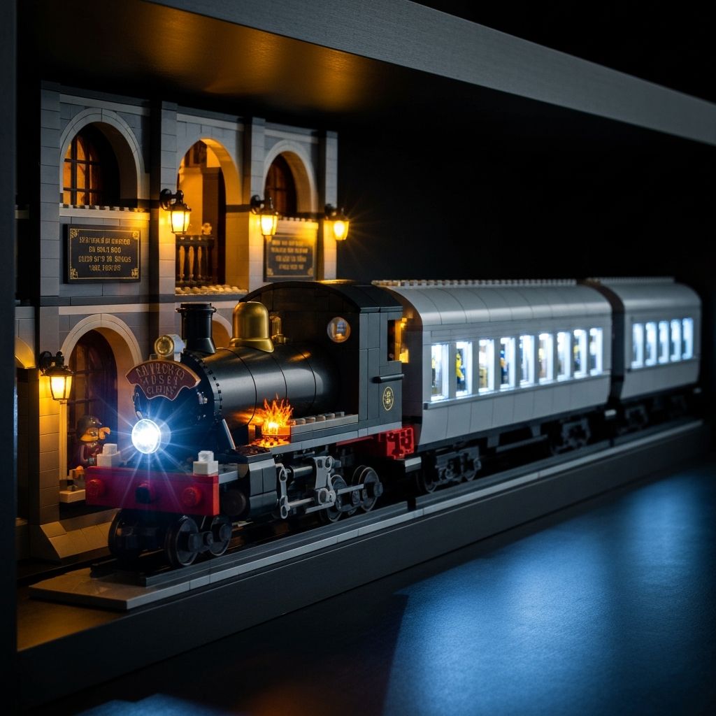 Hogwarts Express 76405 Collector's Edition with LED lighting kit installed — warm amber locomotive firebox, cool white passenger car interiors, and vintage yellow Platform 9¾ station lamps