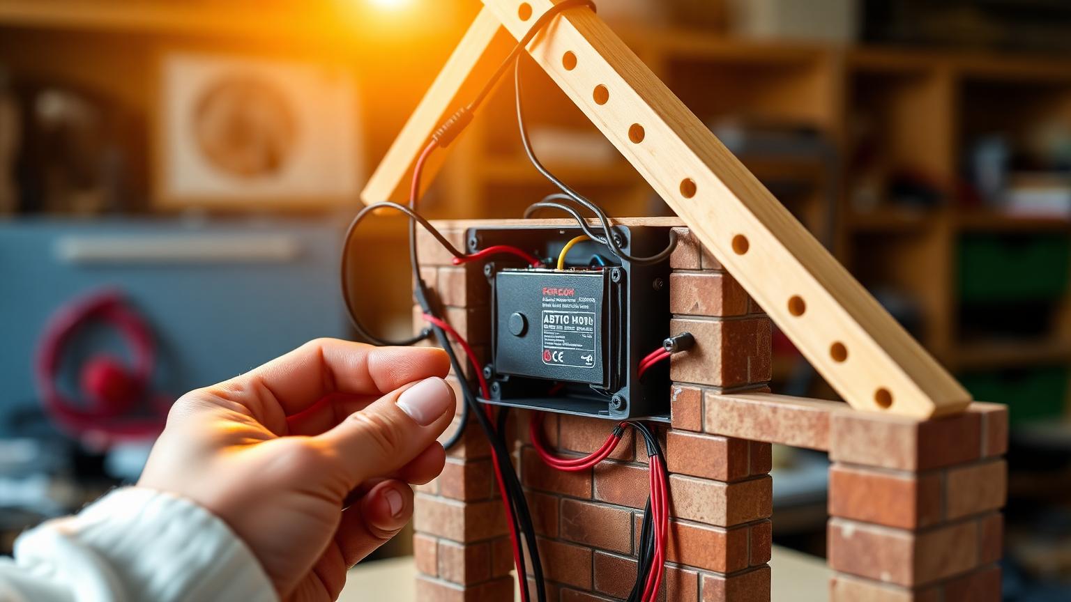 Hands wiring a compatible power functions motor and battery box into a plastic brick model with extension wires routed along beams