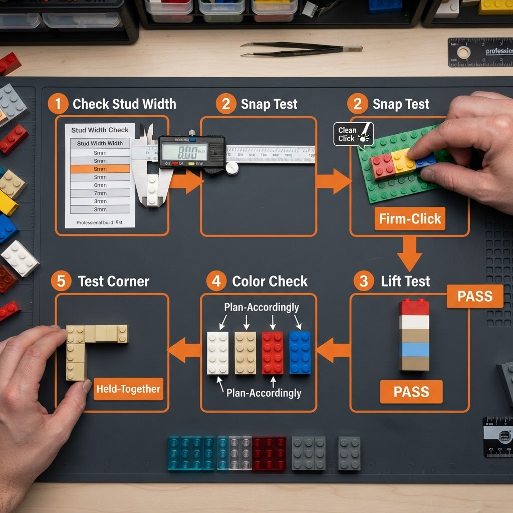 Five-step brick compatibility test workspace showing spec check, snap test, lift test, color comparison, and test corner build with transparent and solid bricks
