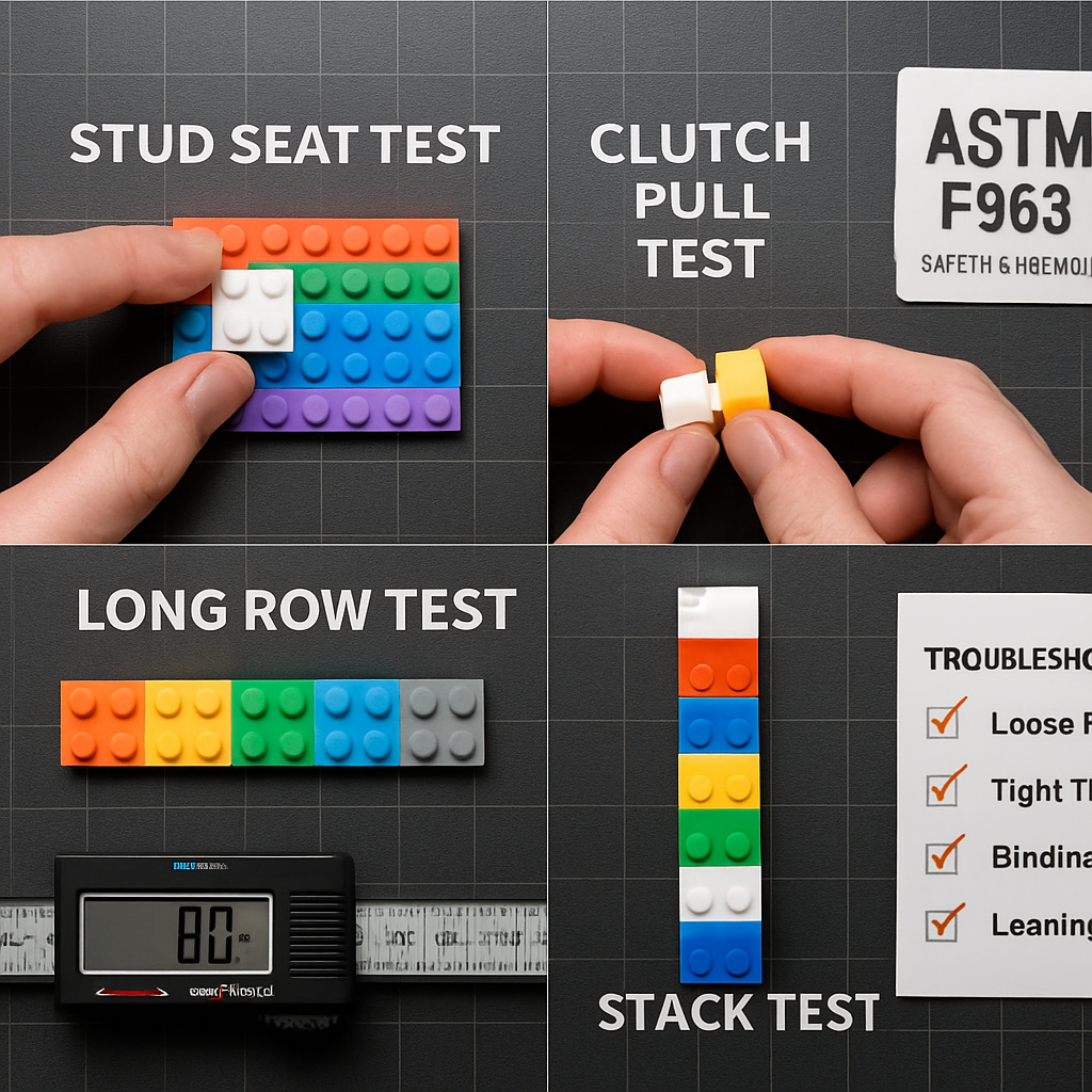 Four-step brick compatibility test workspace showing stud seat test, clutch pull test, long row alignment test, and stack lean test