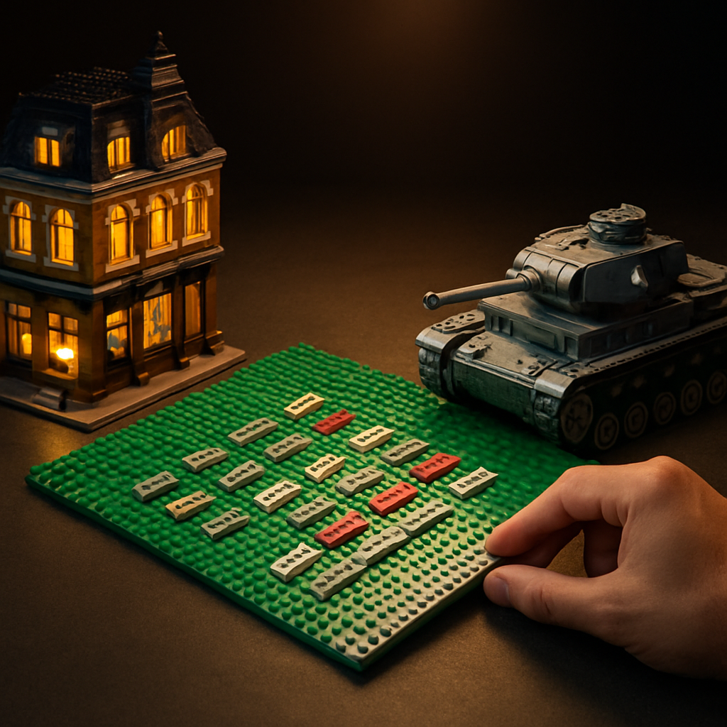FunWhole illuminated building, LEGO base plate long-row alignment test, and COBI military tank — three compatible brick brands on display