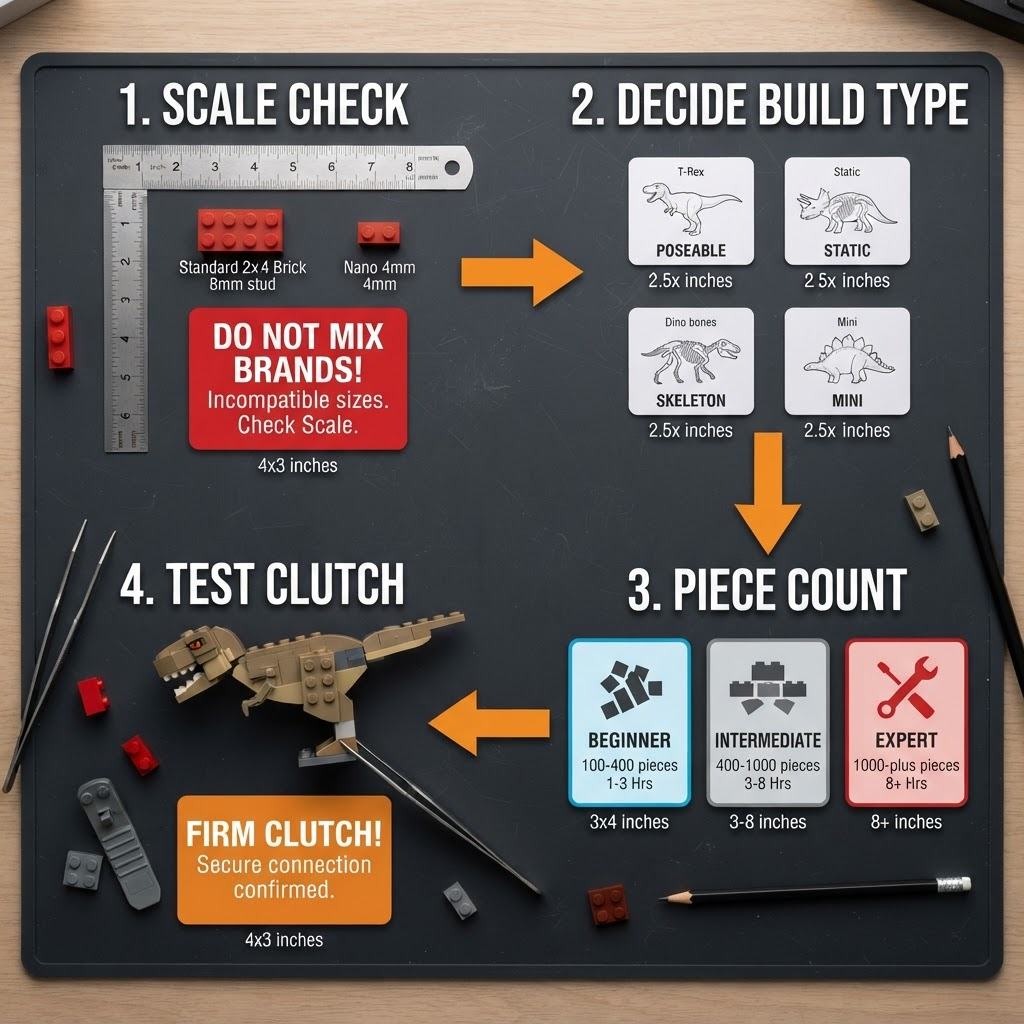 Four-step workspace showing scale comparison between 8mm standard and 4mm nanoblock studs, four dinosaur build types, piece count difficulty cards, and a clutch test on a t-rex brick section