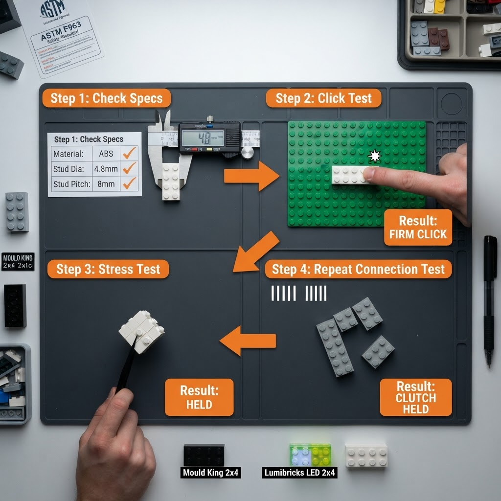Four-step LEGO compatibility test workspace showing spec check, click test, stress test, and repeat-connection test with Pass result cards in orange