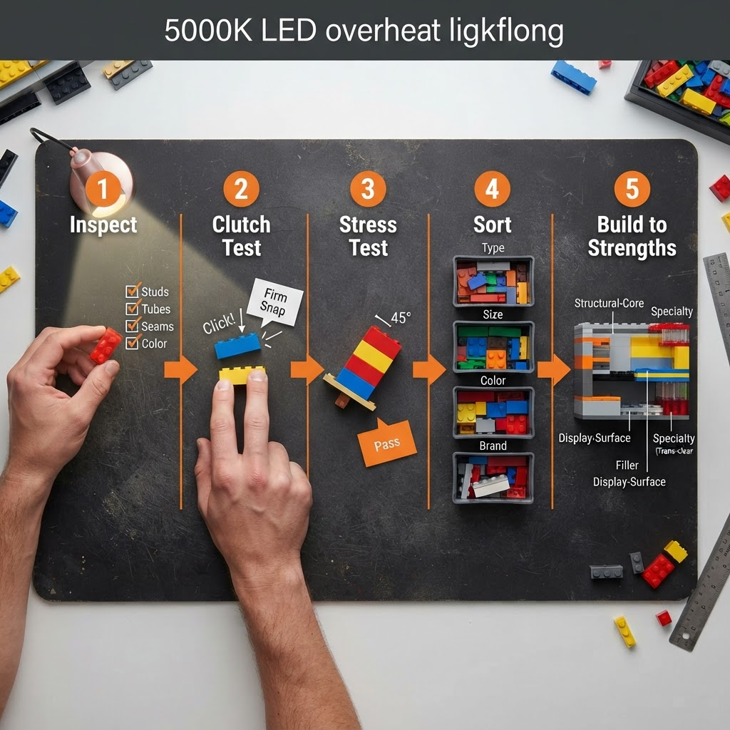 Five-step brick mixing workflow showing inspect, clutch test, stress test, sort by type and color, and build-to-strengths zone planning on a dark build mat