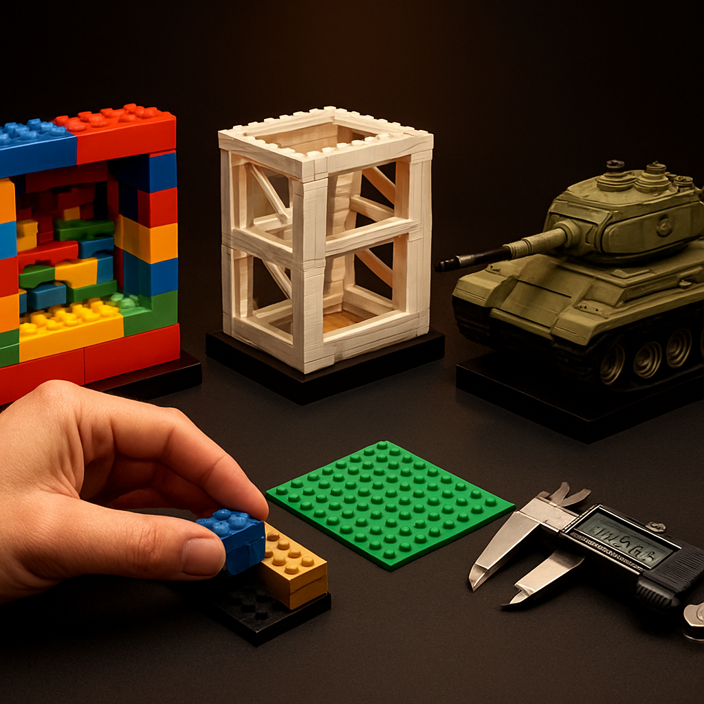 Three brand compatibility display showing Mega Bloks bulk-fill panel, BrickCraft structural skeleton, and COBI tank with a builder performing the clutch test