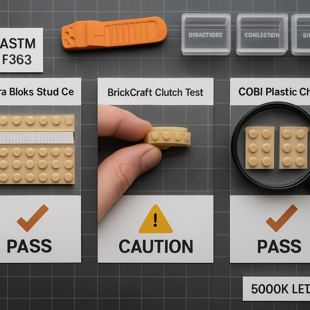 Three-column compatibility test workspace showing Mega Bloks stud check, BrickCraft clutch test, and COBI plastic check with results and four labeled parts bins