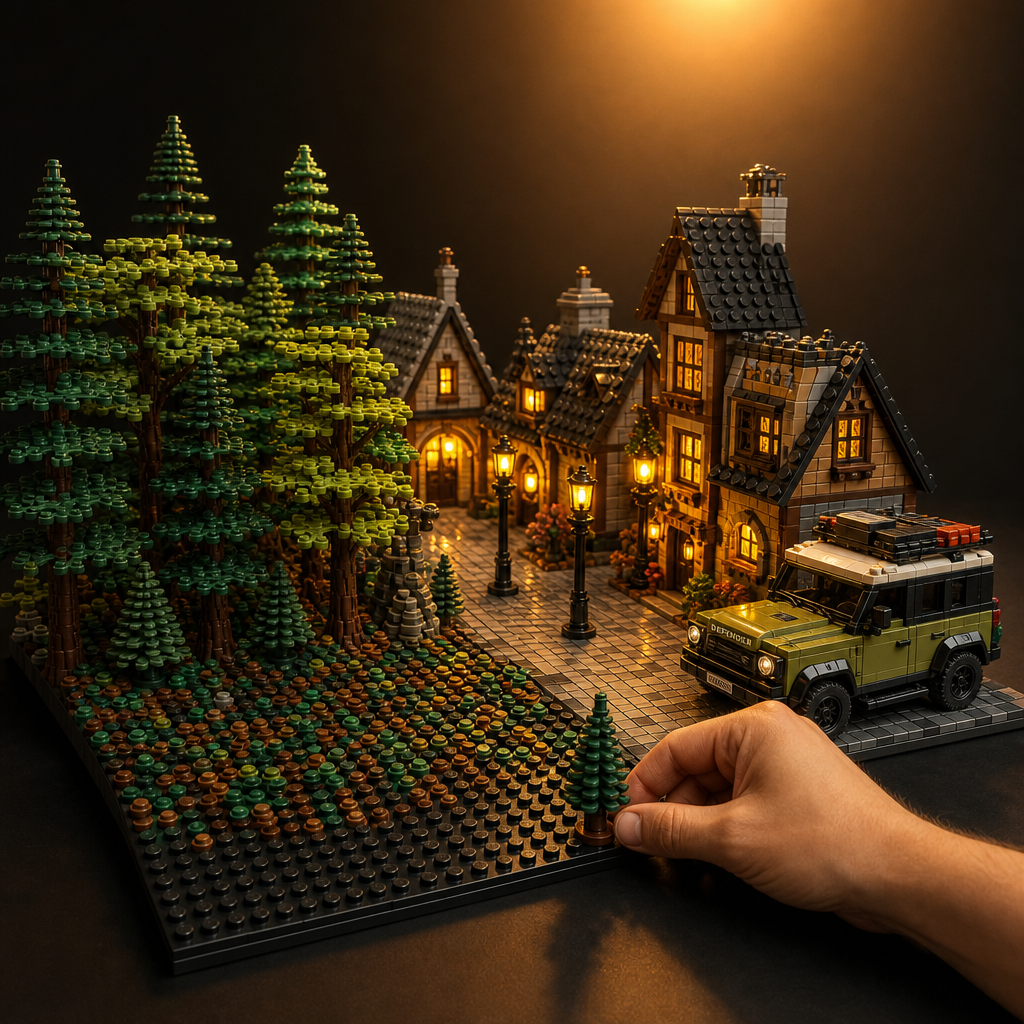 Forest diorama with lego compatible trees, warm amber lighting bricks, and a Mega standard-scale vehicle on a shared base plate