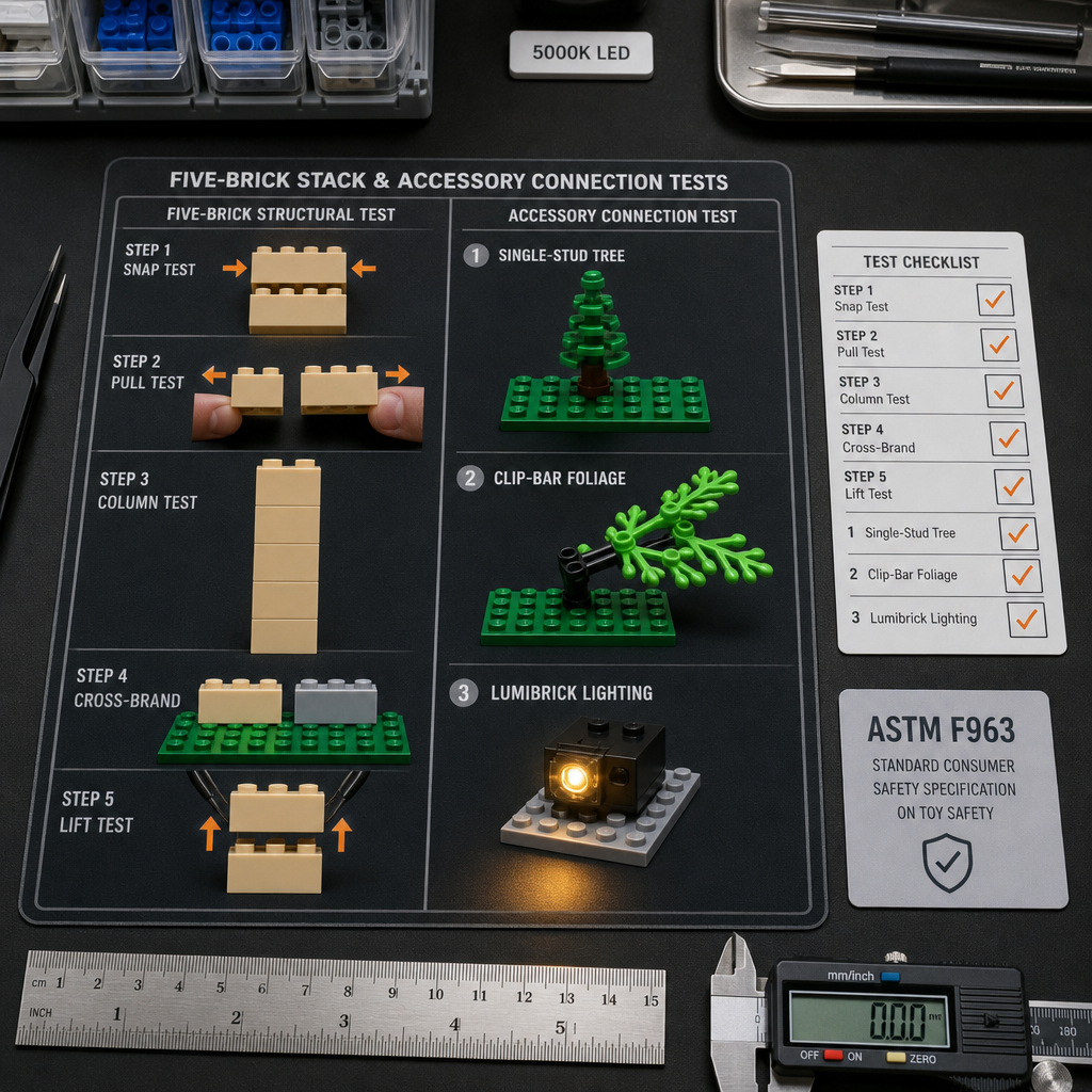 5-brick stack test and accessory connection test workspace showing structural test steps alongside single-stud tree, clip-bar foliage, and Lumibrick lighting piece tests