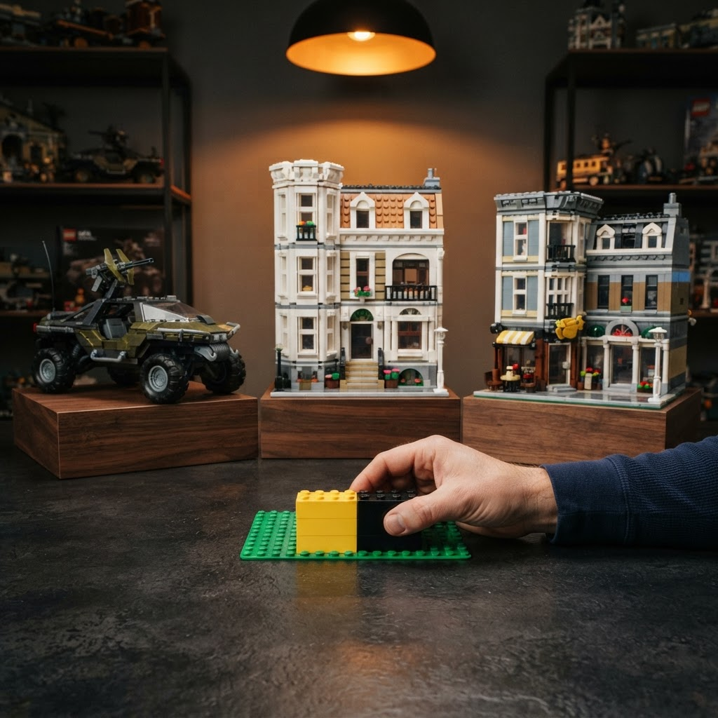 Three completed models from Mega Construx, Mould King, and mixed brands displayed side by side with a snap test demonstration in the foreground