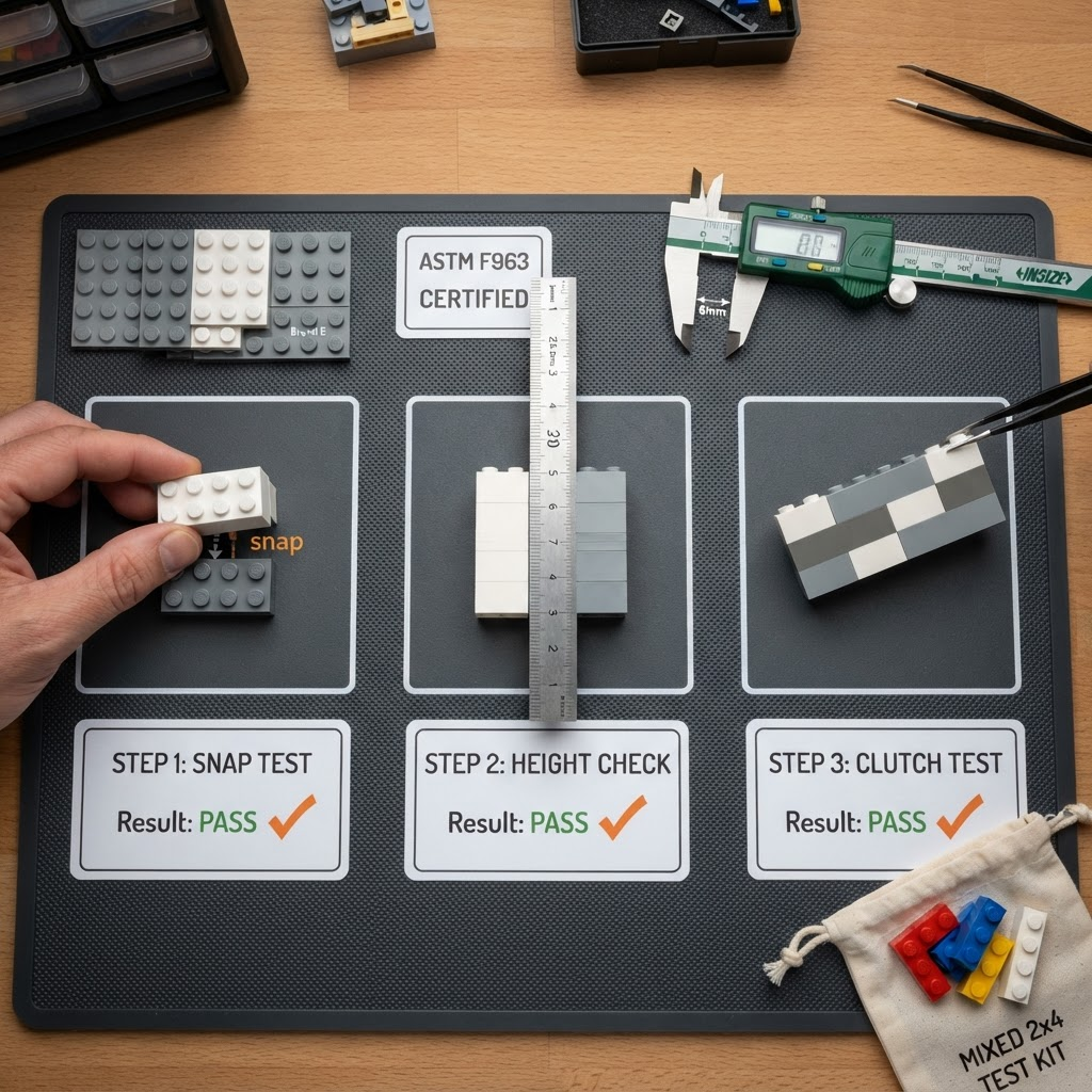 Three-step brick compatibility test workspace showing snap test, height check, and clutch test zones with orange pass cards and a digital caliper on a dark build mat