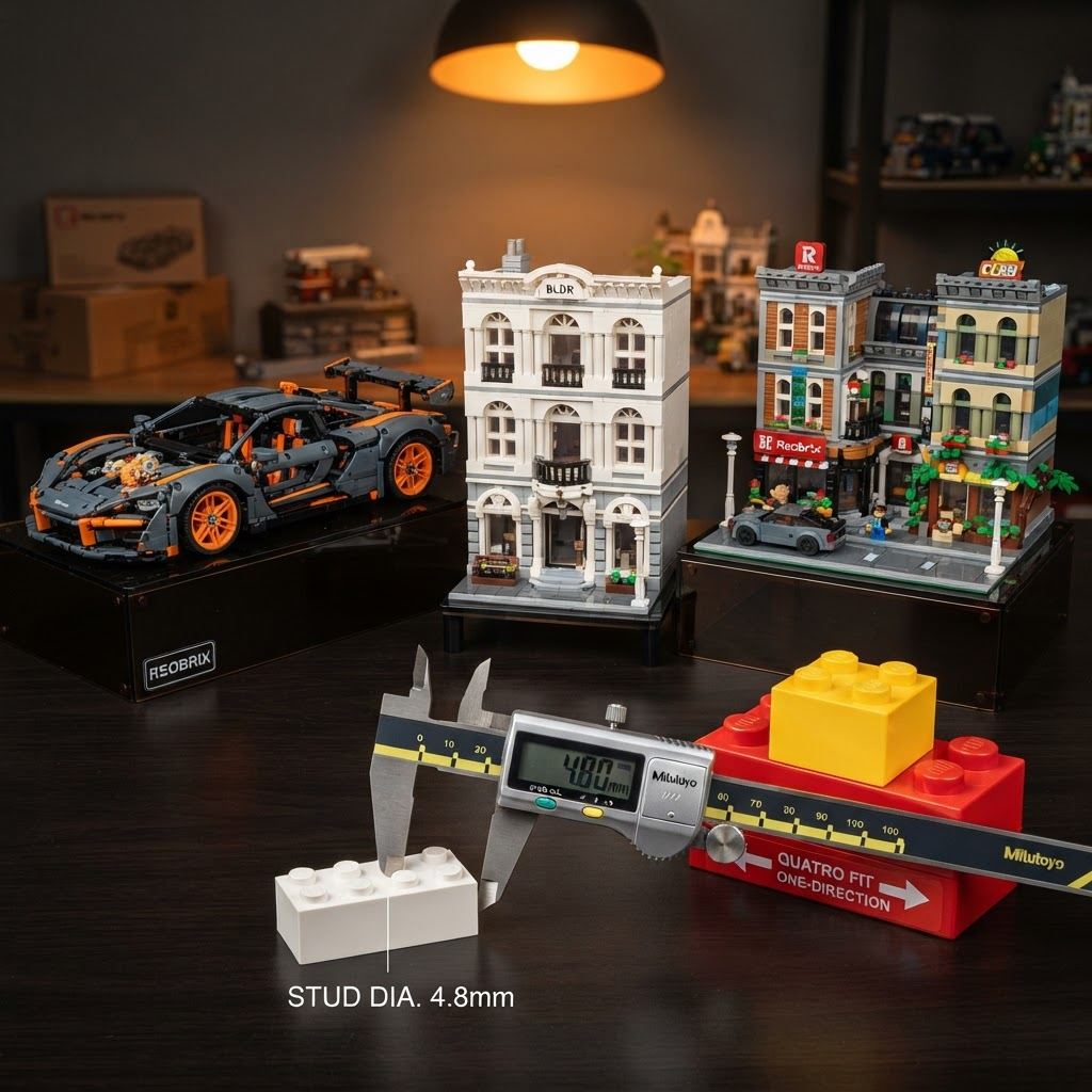 Reobrix vehicle, BLDR architecture, and mixed-brand city scene displayed side by side with a caliper confirming 4.8mm stud diameter and a Quatro one-directional fit demonstration