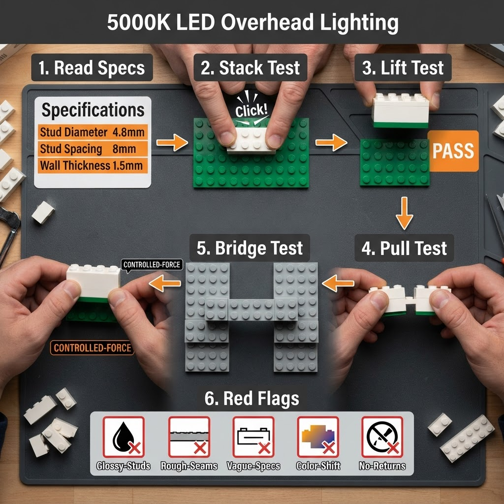 Six-step brick compatibility test workspace showing stack test, lift test, pull test, bridge piece test, spec card with 4.8mm stud diameter, and red-flag warning icons