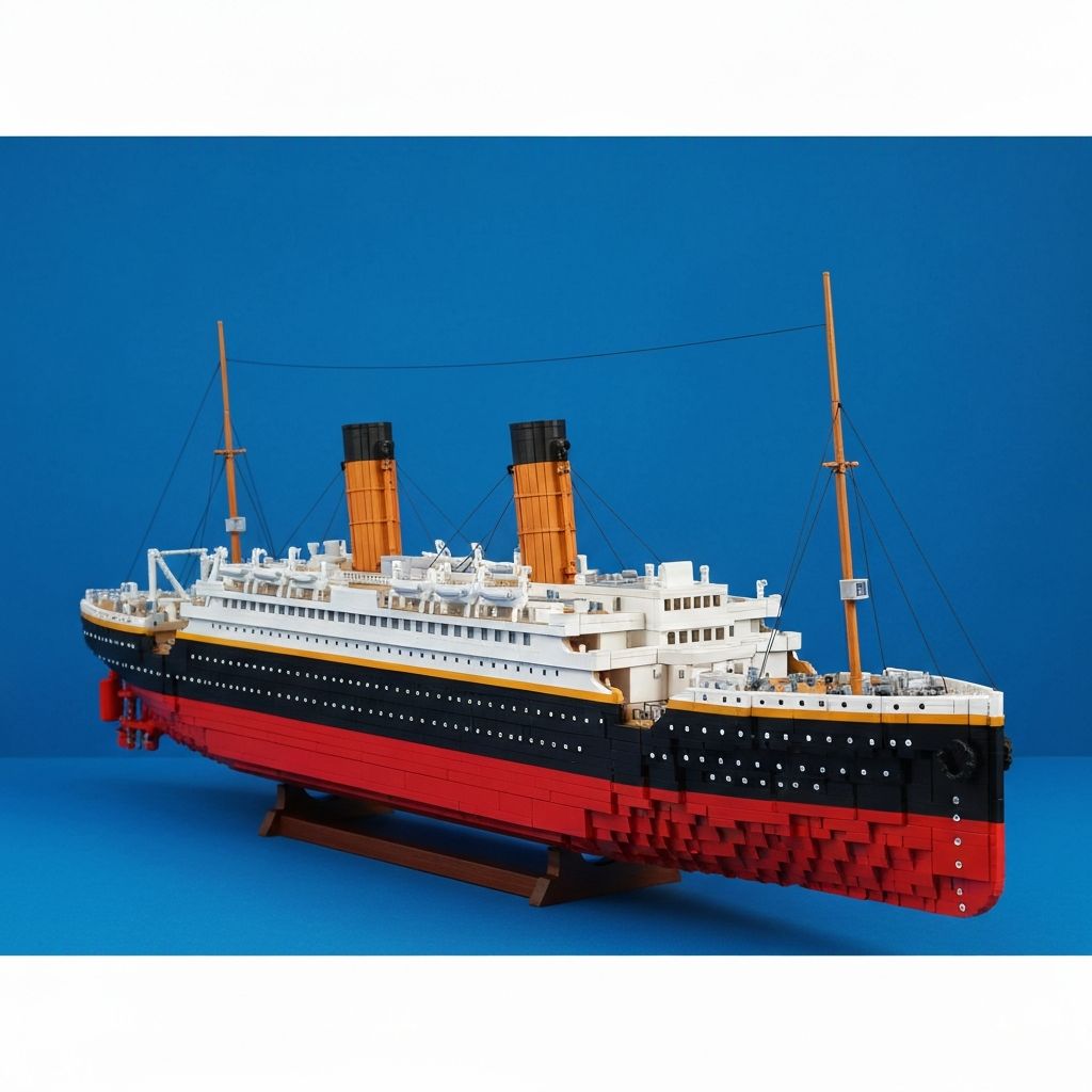 Jie Star 58001 Titanic 1:200 scale building block ship model displayed on stand against ocean blue backdrop