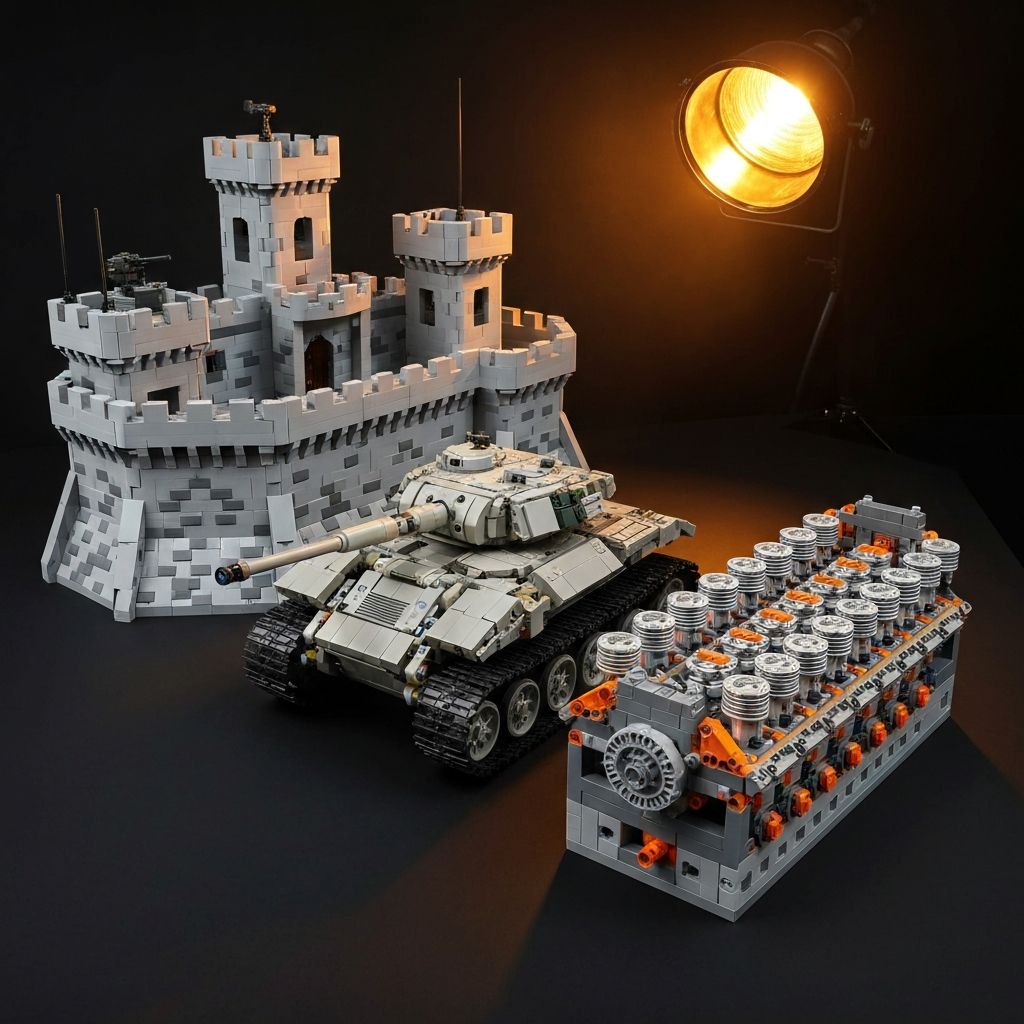 Three advanced building block models displayed together: a large scale castle fortress, an RC tank building set with tread system, and a V12 engine building set showing synchronized pistons