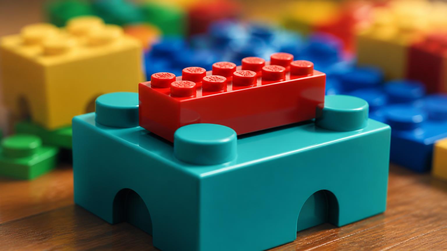 Small standard bricks clicked onto the studs of a large chunky toddler brick, showing cross-size DUPLO compatibility