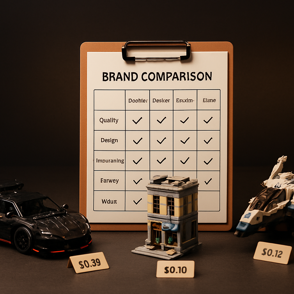 Brand comparison scorecard with three completed LEGO alternative display models — a supercar, modular building, and spacecraft — each with a price-per-piece tag on a dark surface