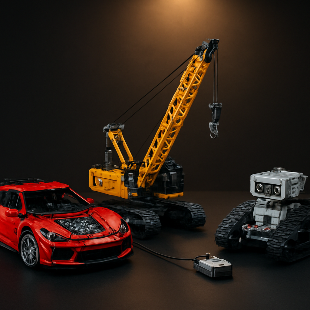 Three motorized lego alternative sets displayed side by side — supercar, crawler crane, and tracked robot — showing working motors and Technic-compatible ABS brick construction