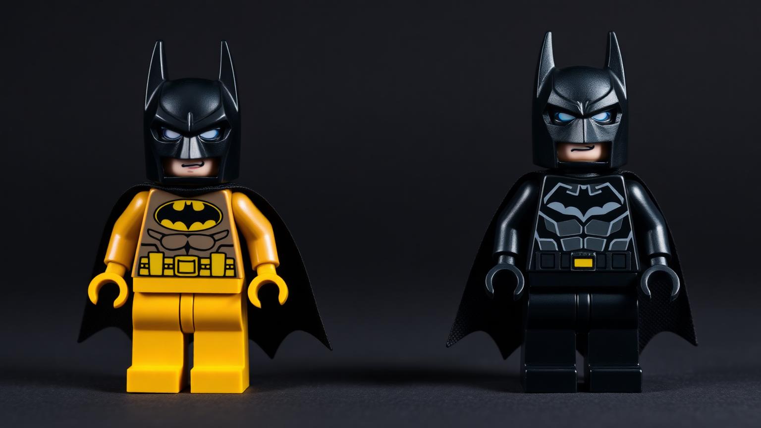 Vintage 2006 LEGO Batman minifigure alongside a modern dual-molded LEGO Batman minifigure showing backwards compatibility