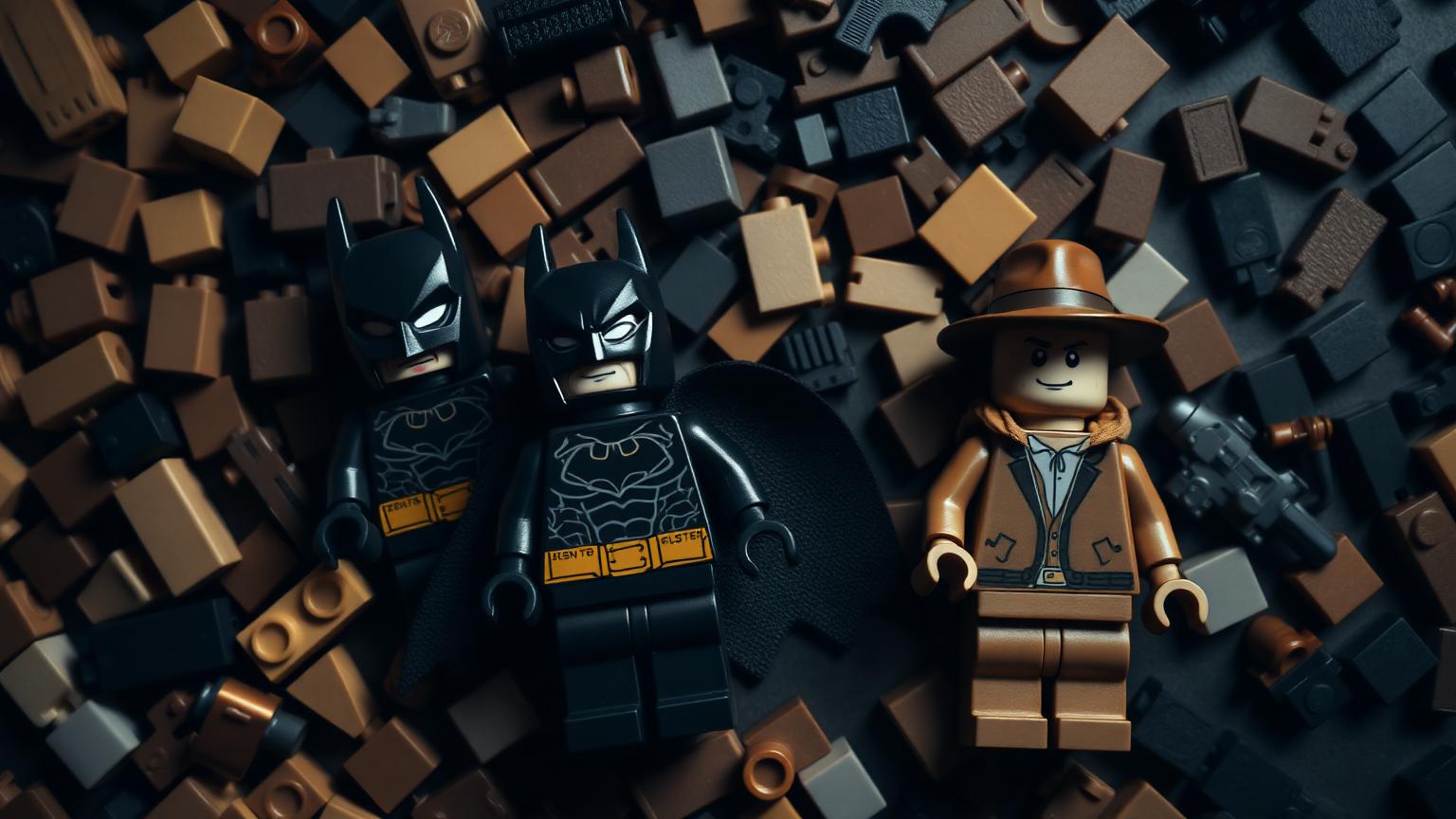 LEGO Batman and Indiana Jones minifigures on a bed of compatible ABS bricks