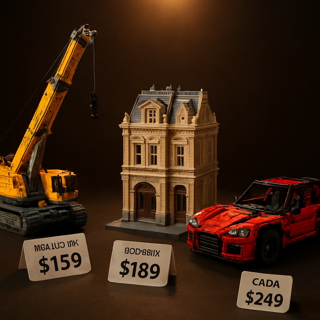 Three affordable brick models — Mould King crane, Reobrix architecture, CaDA sports car — displayed with price comparison tags showing 40–70% savings versus LEGO retail