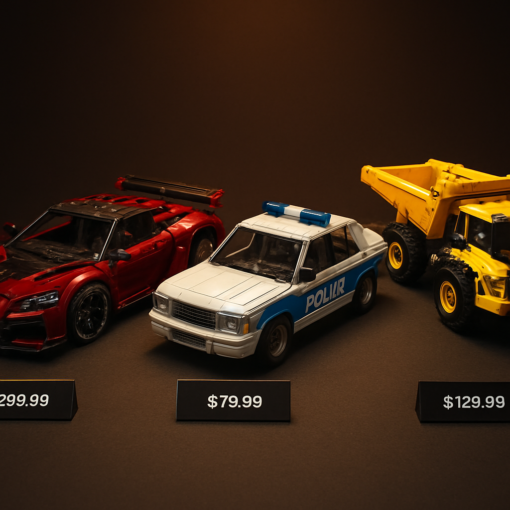 Three completed lego clone car models — a Technic supercar, city police cruiser, and construction dump truck — displayed side by side with price comparison tags